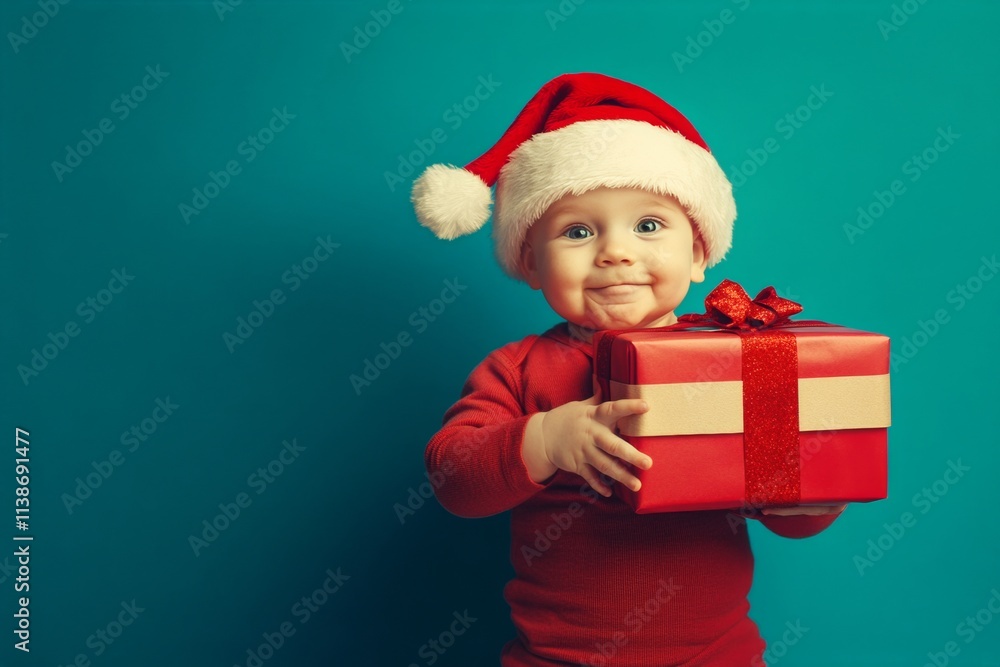 Isolated white brazilian baby boy in red festive hat with parcel in hands, on blue background. Copy space. Gift under tree. Design your christmas. Santa studio props. Professional holiday p. Isolated white brazilian baby boy in red festive hat with parcel in hands, on blue background. Copy space. Gift under tree. Design your christmas. Santa studio props. Professional holiday p.