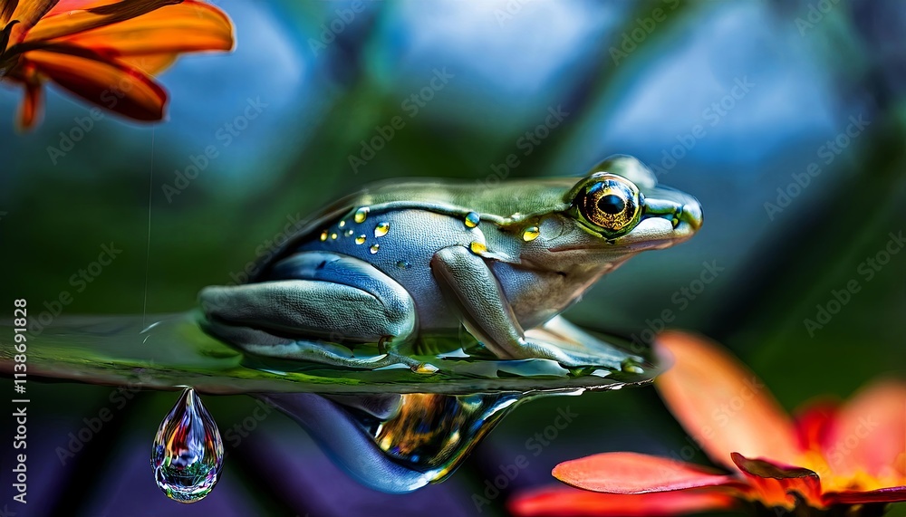 Intricate Scene of a Frog Inside a Magnified Water Droplet Intricate Scene of a Frog Inside a Magnified Water Droplet