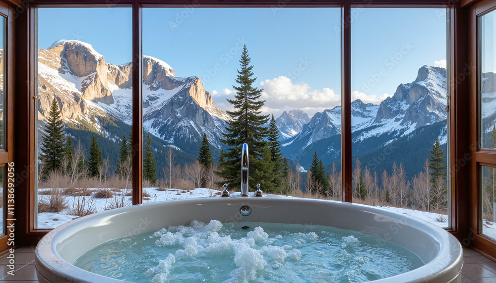 Scenic hot tub with bubbling water and breathtaking mountain view through large windows Scenic hot tub with bubbling water and breathtaking mountain view through large windows