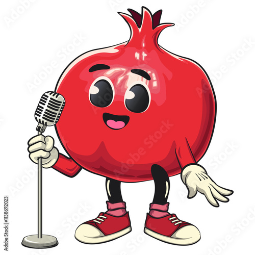 Cute Kawaii Pomegranate character on front of the mic become a stand up comedian, vector hand drawn cartoon isolated icon illustration, work of hand drawn