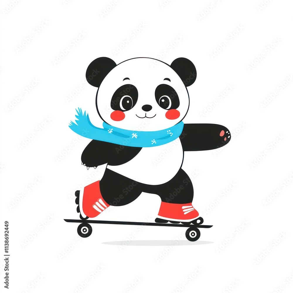 Cute cartoon panda on skateboard, with scarf and red shoes. Cute cartoon panda on skateboard, with scarf and red shoes.