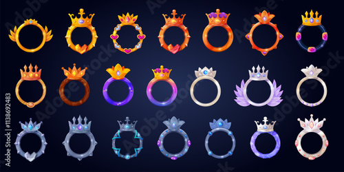 Game crown frames. Golden silver or platinum bronze frame with crowns, user avatar royal borders level rank badges ui fantasy gaming assets, cartoon set swanky vector illustration