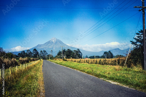Vintage photograph of a road leading to a mountain