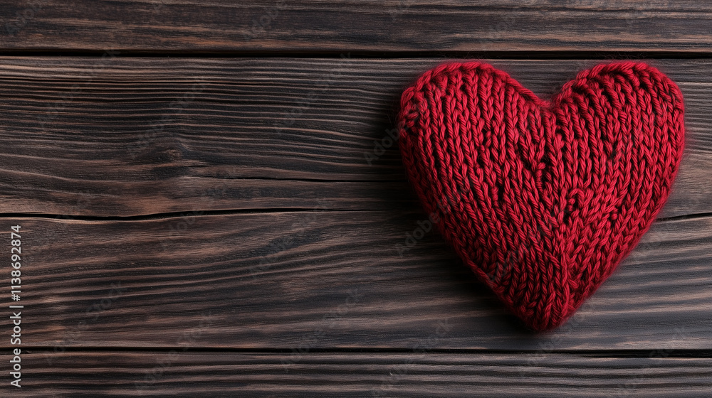 Warm and cozy red knitted heart on rustic wooden surface with empty space, for Valentine's day or romantic decor Warm and cozy red knitted heart on rustic wooden surface with empty space, for Valentine's day or romantic decor