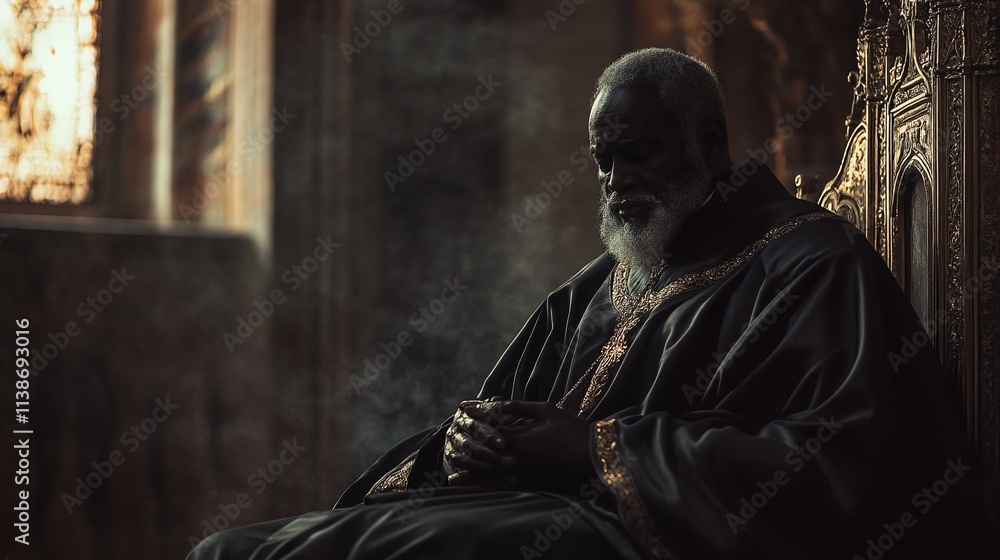 Naklejka premium A somber and regal African-American man with white beard sits on ornate chair in darkly lit room.