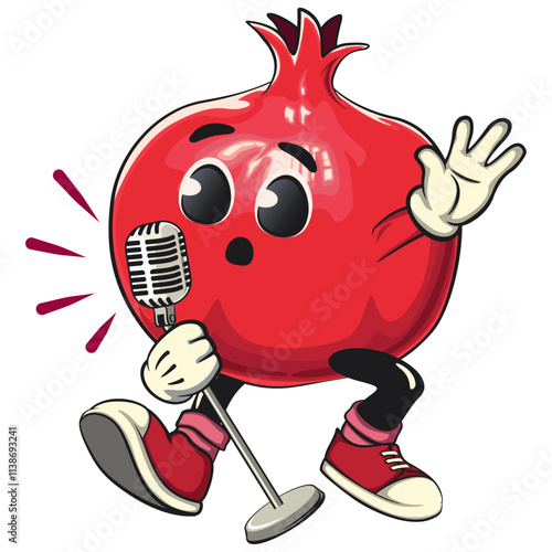 Cute Kawaii Pomegranate character sing earnestly with maximum style, vector hand drawn cartoon isolated icon illustration, work of hand drawn