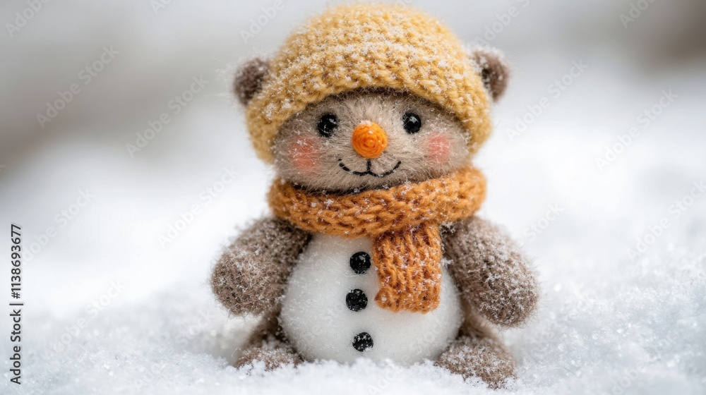 Adorable Snowman Bear with Knit Hat and Scarf in Winter Wonderland Adorable Snowman Bear with Knit Hat and Scarf in Winter Wonderland