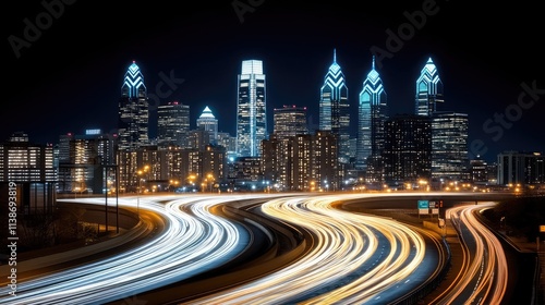 Aerial view of Philadelphia's skyline at night, with vibrant car light trails on winding highways and digital holograms enhancing the scene