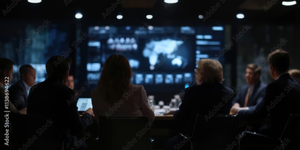 A group of professionals in a meeting room, reviewing a large screen with data visuals and world maps. A group of professionals in a meeting room, reviewing a large screen with data visuals and world maps.