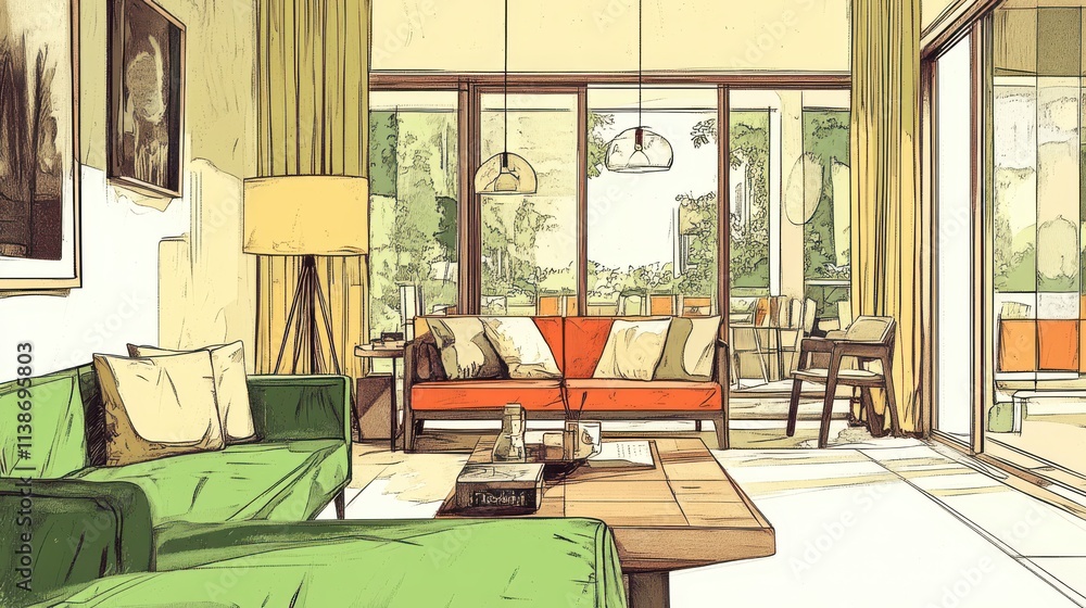 Cozy Hand-Drawn Living Room Interior Design Cozy Hand-Drawn Living Room Interior Design