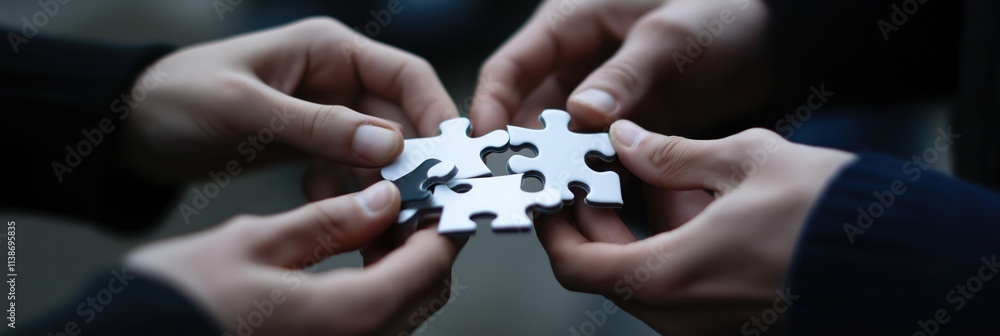 Close-up of hands fitting puzzle pieces together symbolizes connection, teamwork, and problem-solving abilities. Close-up of hands fitting puzzle pieces together symbolizes connection, teamwork, and problem-solving abilities.