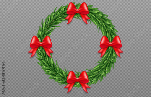 Christmas wreath. Realistic pine branches with red, yellow, blue and green bows. Decoration of holiday banners, cards, headers, social networks. Isolated on PNG background photo