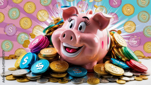 Joyful piggy bank surrounded by colorful coins symbolizes wealth and savings in a vibrant setting