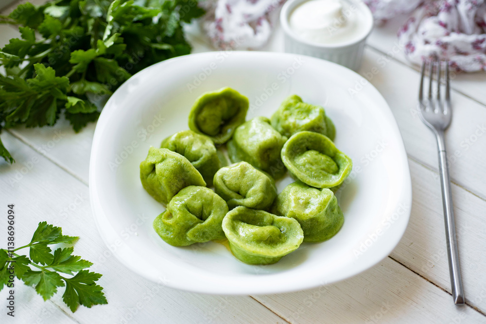 Delicious lunch: Green dumplings with meat. Dumplings with spinach in a white plate on a white table. Close-up Delicious lunch: Green dumplings with meat. Dumplings with spinach in a white plate on a white table. Close-up