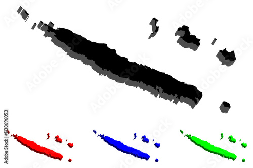 3D map of New Caledonia (special collectivity of France) - black, red, blue and green - vector illustration