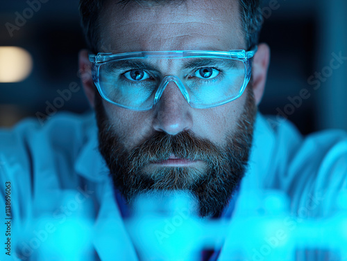 focused scientist wearing safety goggles in laboratory, illuminated by blue light