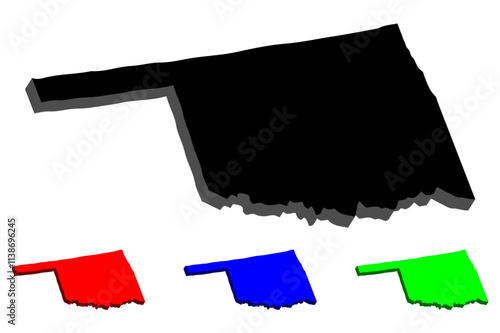3D map of Oklahoma (United States of America, Sooner State) - black, red, blue and green - vector illustration