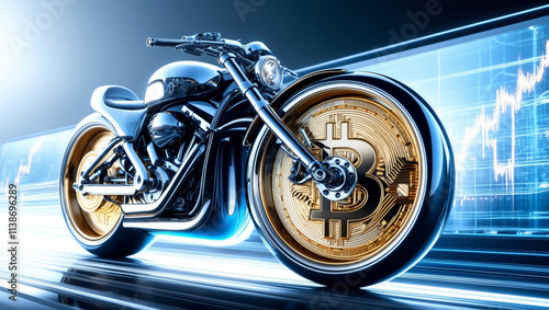 Innovative motorcycle design reflecting digital currency trends and modern technology in a dynamic setting photo