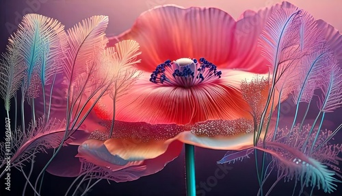 Simple Stylized Poppy Flower with Holographic Liquid in 3D photo