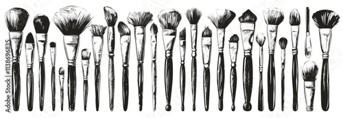 Artistic brushes set. Paintbrushes gouache oil watercolor brush tool creativity sketch drawing decorate art work equipment black and white graphic vector illustration