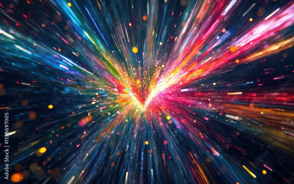 Fototapeta premium A rainbow starburst heart with dynamic streaks of color, glowing mid-air on a dark navy blue background