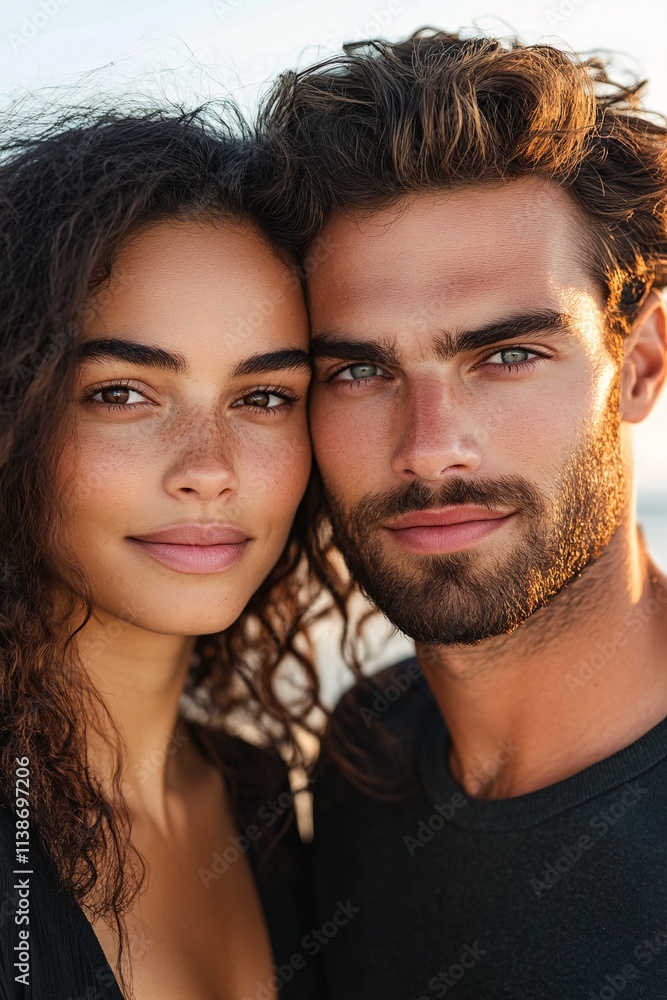 Diverse Couple Embracing at Sunset with Warm Smiles and Casual Attire Diverse Couple Embracing at Sunset with Warm Smiles and Casual Attire