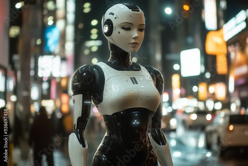 Wallpaper Mural Futuristic female robot standing in a neon-lit urban environment. Torontodigital.ca