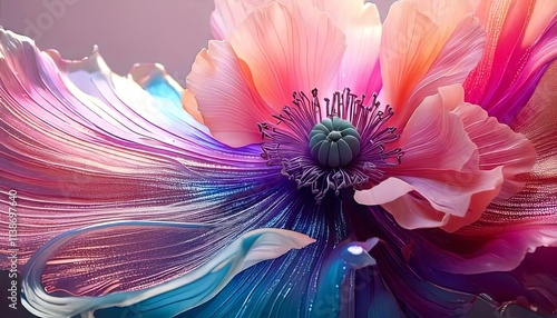 Simple Stylized Poppy Flower with Holographic Liquid in 3D photo