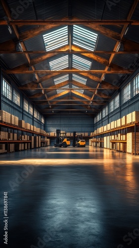 Wallpaper Mural Modern warehouse interior with high shelves and active forklifts in a bright environment Torontodigital.ca