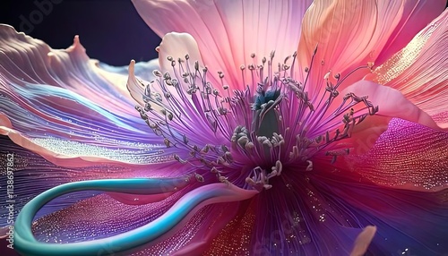 Simple Stylized Poppy Flower with Holographic Liquid in 3D photo