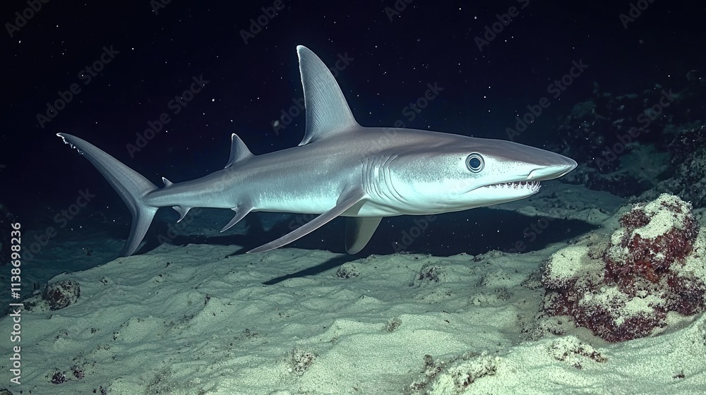 Fototapeta premium Graceful Shark Swimming in Clear Ocean Waters Under the Night Sky