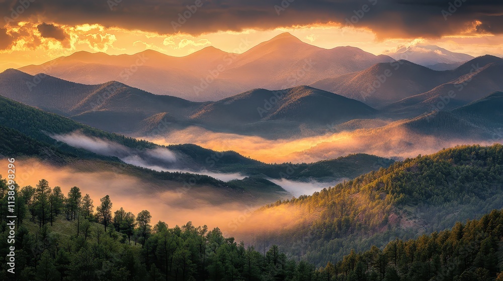 Fototapeta premium Majestic mountain range bathed in golden sunset light with rolling clouds and dramatic mist across the forested peaks