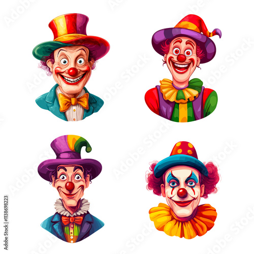 Cartoon clowns portraits. Clown man face portrait set, smile harlequin funny artist characters in cirque mascot carnival costume for kid birthday party show vector illustration