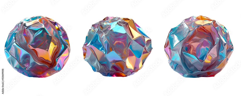 Fototapeta premium 3D chrome element in Y2K style, isolated background, liquid holographic metal. Three colorful balls made of paper, shiny reflective surface.