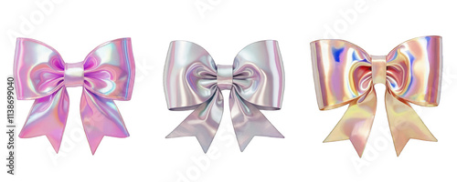 3D chrome element in Y2K style, isolated background, liquid holographic metal. Three bows with different colors and designs made of a shiny material.