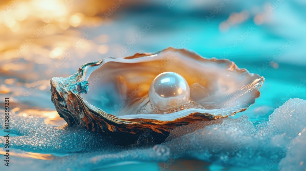 Beautiful Open Oyster Shell with Luminous Pearl on Water Surface Beautiful Open Oyster Shell with Luminous Pearl on Water Surface