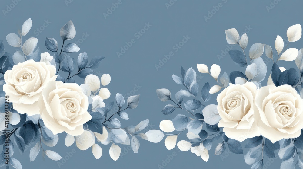 Naklejka premium Floral design with cream roses and blue leaves on light blue background.