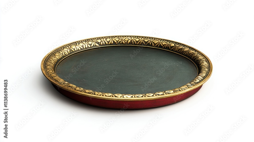 Elegant round decorative tray with ornate gold and red trim on white. Elegant round decorative tray with ornate gold and red trim on white.