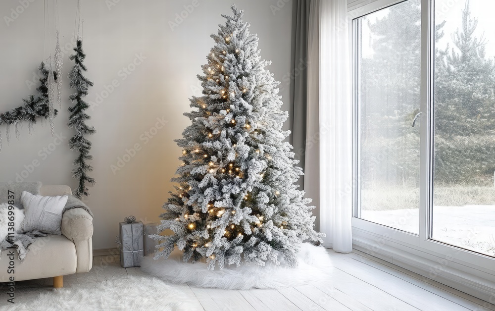 Chic modern living area with a frosty Christmas tree, lightly sprinkled with white lights and silver garlands, placed near bright open windows Chic modern living area with a frosty Christmas tree, lightly sprinkled with white lights and silver garlands, placed near bright open windows