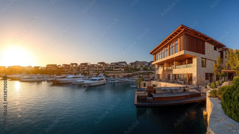 Waterfront houses with boats, sunset sky, calm water. Waterfront houses with boats, sunset sky, calm water.