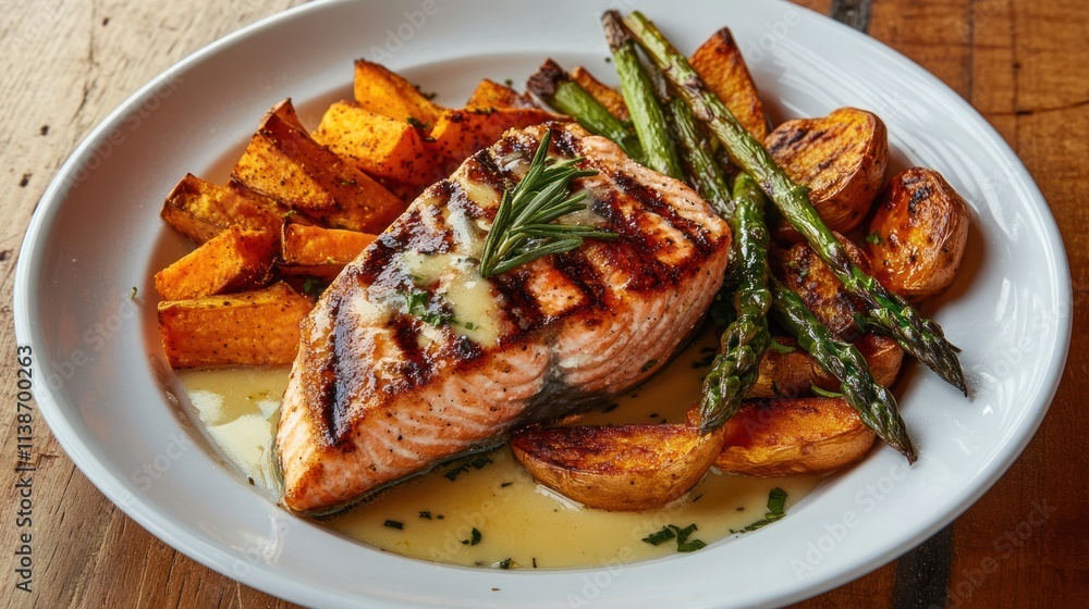 Grilled salmon with sweet potato and asparagus on a plate. Grilled salmon with sweet potato and asparagus on a plate.