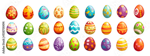 Cartoon easter eggs set. Colourful striped or spotted egg with ornament paint colours, christian religion holiday tradition gifts vector illustration