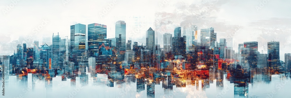 Blurry skyline view of city at night, reflected in water. Blurry skyline view of city at night, reflected in water.