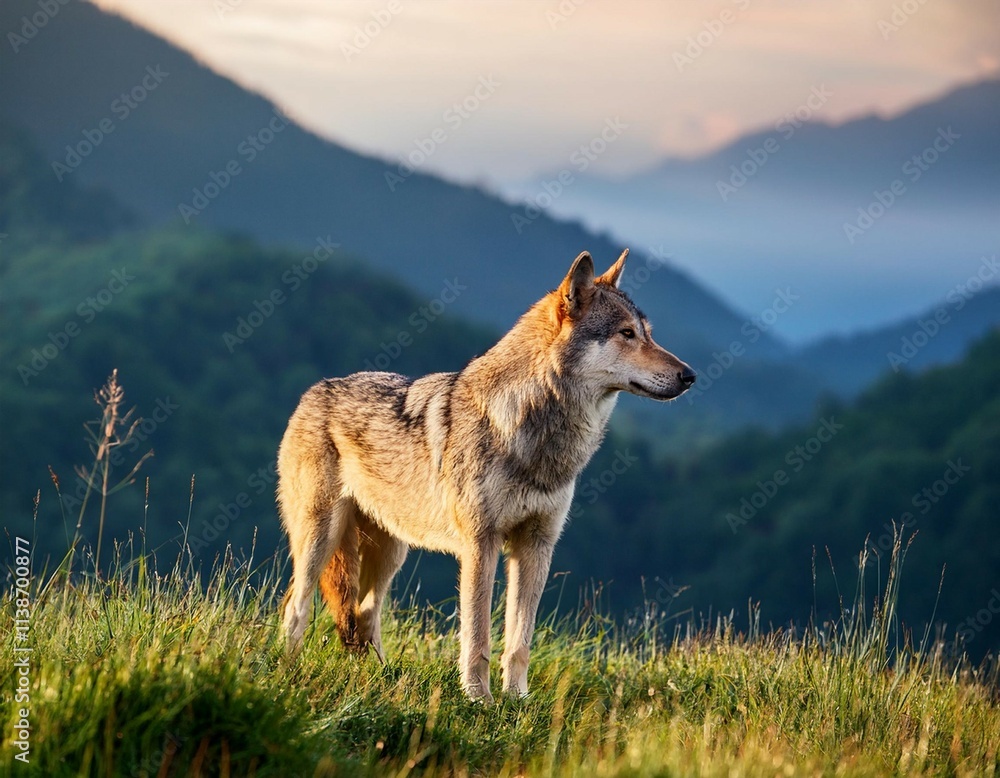 Fototapeta premium wolf stands in the grass and looks into the distance against the backdrop of mountains