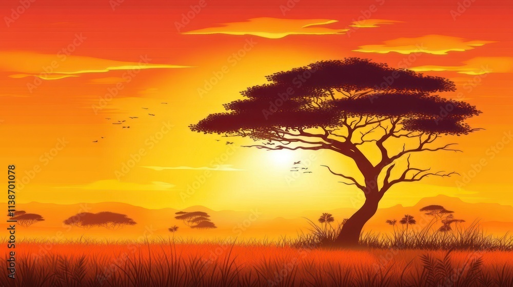 African savanna sunset with silhouette tree. African savanna sunset with silhouette tree.