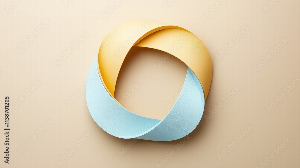 Yellow and blue intertwined ribbon loop on beige background. Minimal abstract concept Yellow and blue intertwined ribbon loop on beige background. Minimal abstract concept