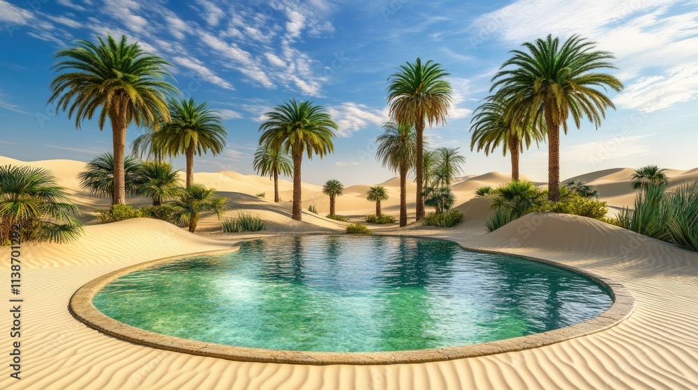 Lush Oasis Surrounded by Palm Trees in a Vast Desert Landscape Lush Oasis Surrounded by Palm Trees in a Vast Desert Landscape