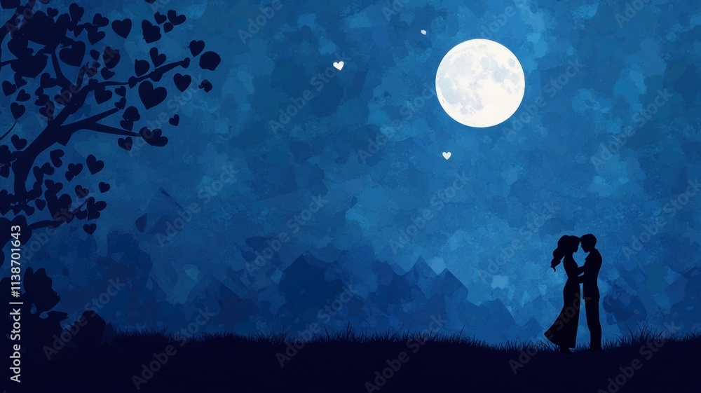 Couple embracing silhouetted under a full moon romantic scene nighttime emotional connection Couple embracing silhouetted under a full moon romantic scene nighttime emotional connection