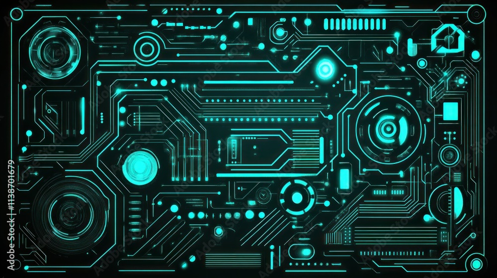 Obraz premium Teal circuit board with glowing components on a dark backdrop.