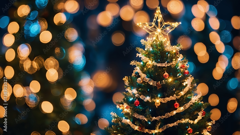 A beautifully decorated Christmas tree adorned with lights, ornaments, and a golden star on top, set against a glowing bokeh background.
A beautifully decorated Christmas tree adorned with lights, ornaments, and a golden star on top, set against a glowing bokeh background.